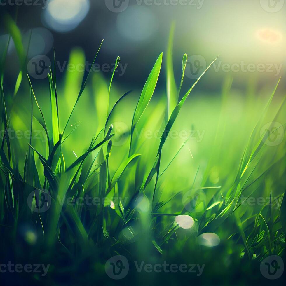 Beautiful texture of green meadow grass with dew drops close up, abstract blur natural bokeh background - Image photo