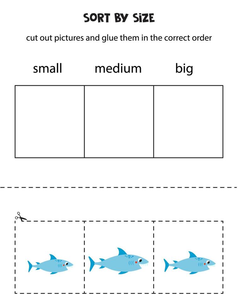 ordenar linda azul tiburón por tamaño. educativo hoja de cálculo para niños. vector