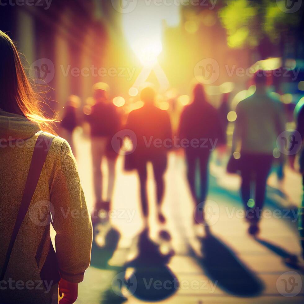 Crowd of people walking from work, sunset blurred bokeh background - image photo