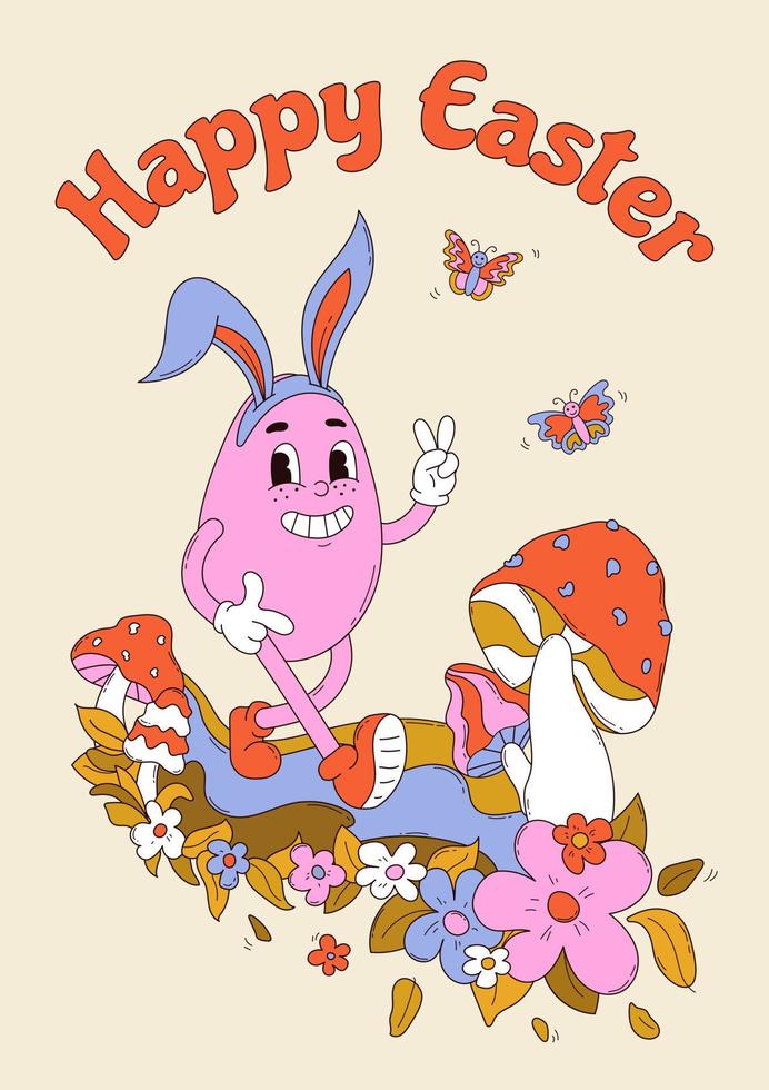 Psychedelic groovy poster with bunny egg, mushrooms, butterfly and quote Happy Easter in flat vector. Greeting card vector