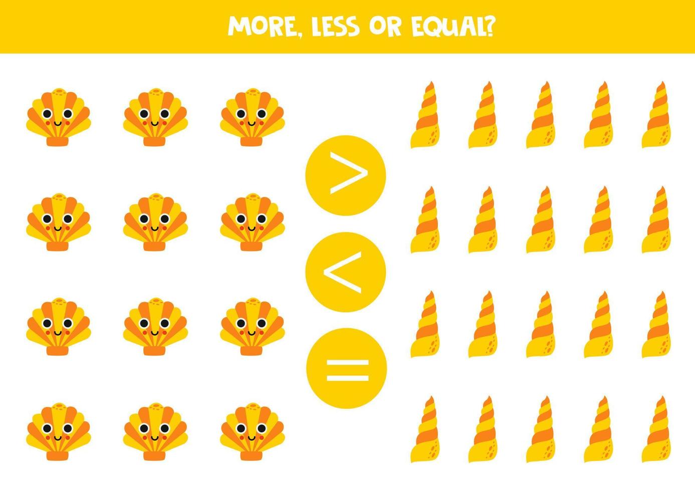 More, less or equal with cartoon cute yellow seashells. vector