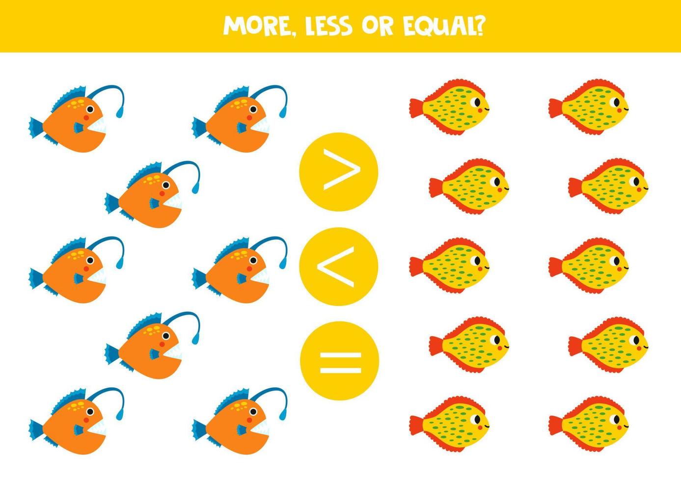 More, less or equal with cartoon angler fish and plaice. vector