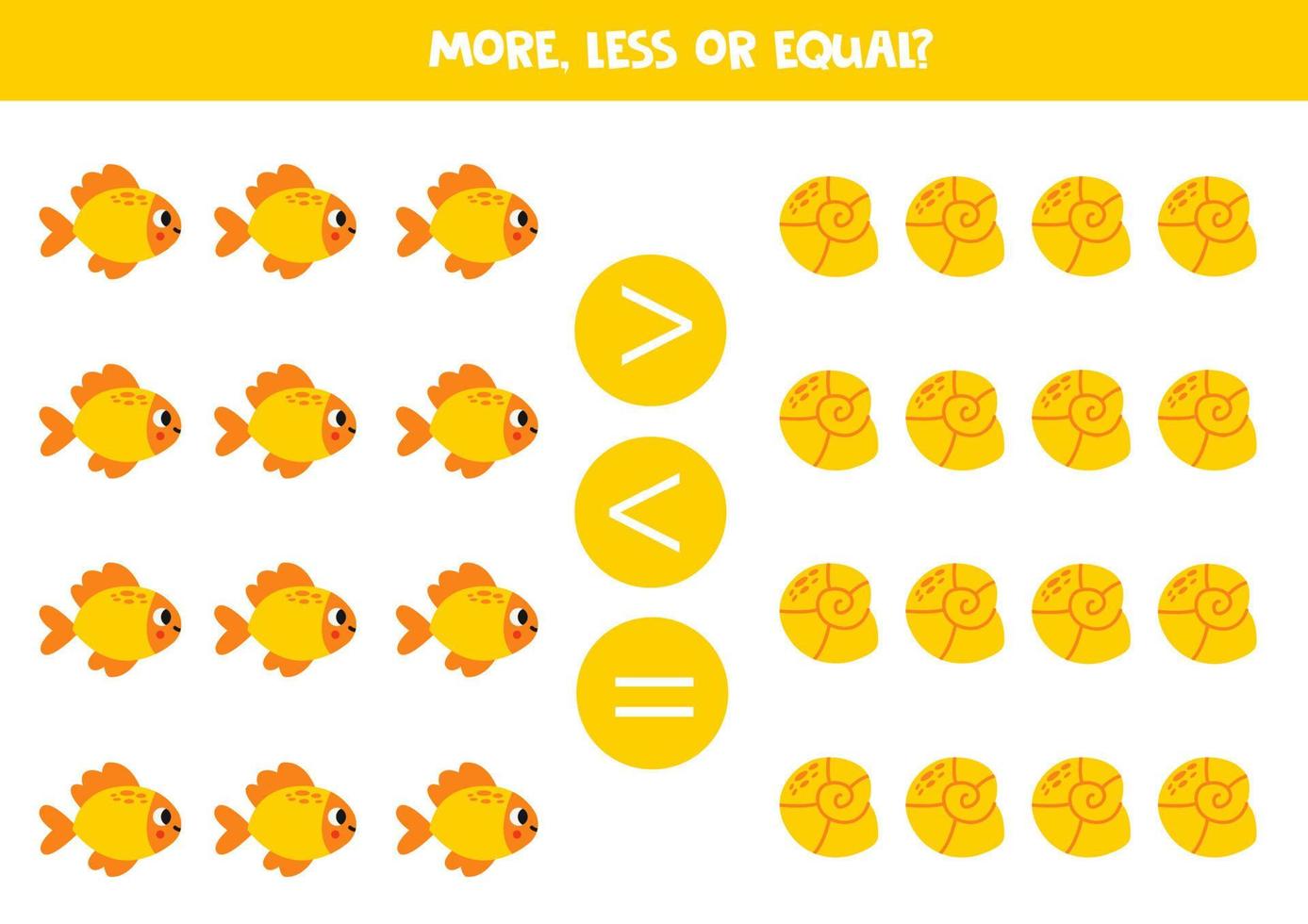 More, less or equal with cartoon cute yellow fish and sea shell. vector