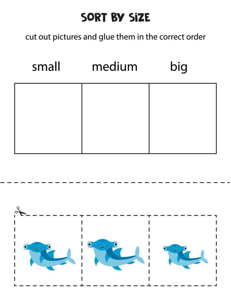 Sort cute hammerhead shark by size. Educational worksheet for kids. vector