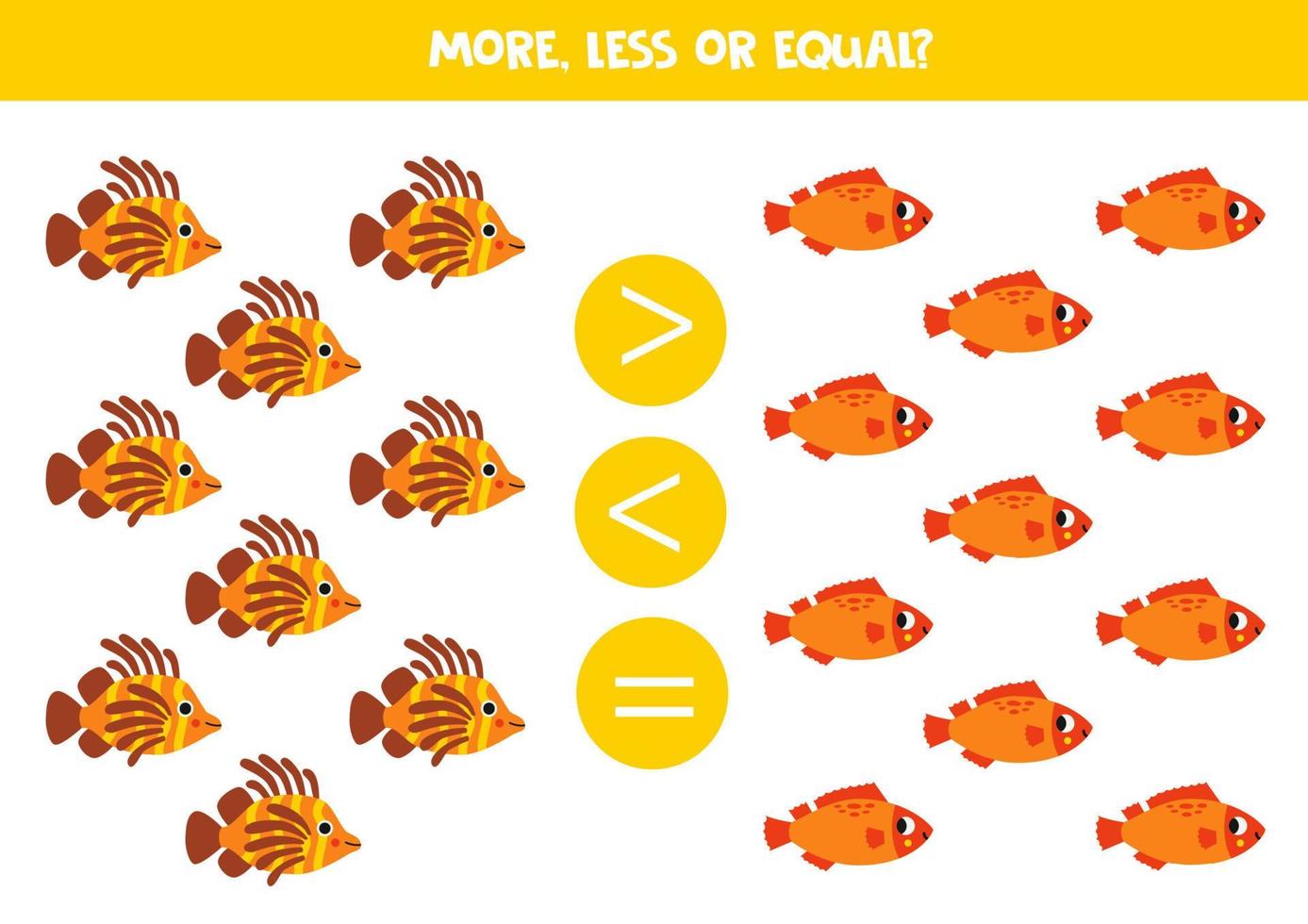 More, less or equal with cartoon cute lionfish and sea bass. vector