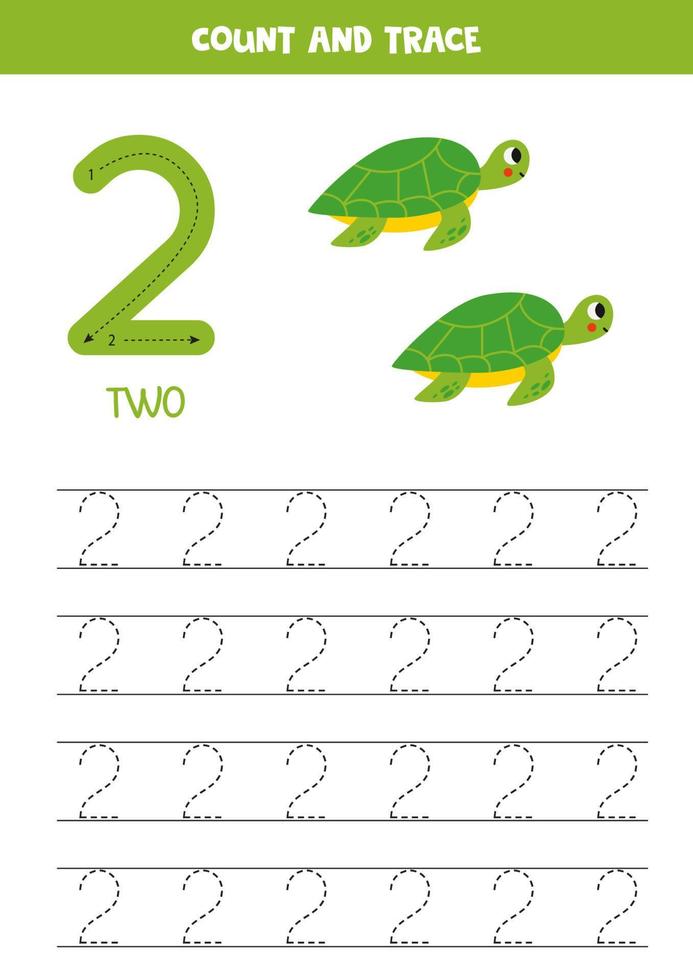 Trace numbers. Number 2 two. Cute cartoon turtles. vector