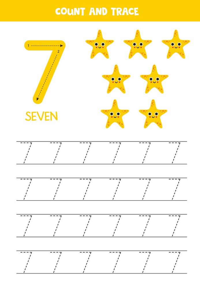 Trace numbers. Number 7 seven. Yellow starfish. vector
