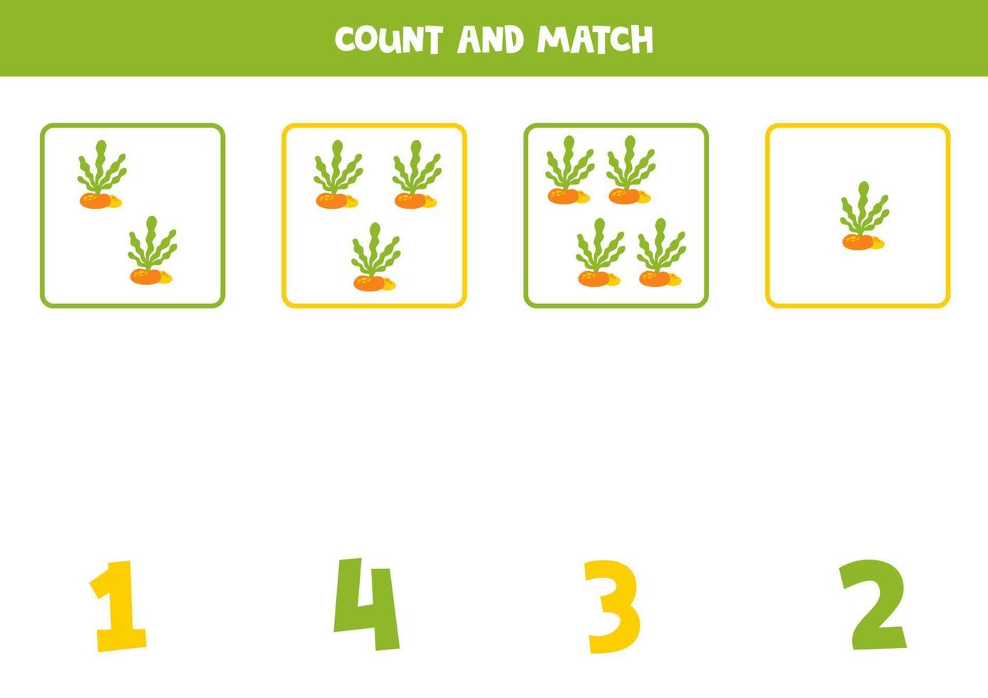 Counting game for kids. Count all sea weed and match with numbers. Worksheet for children. vector