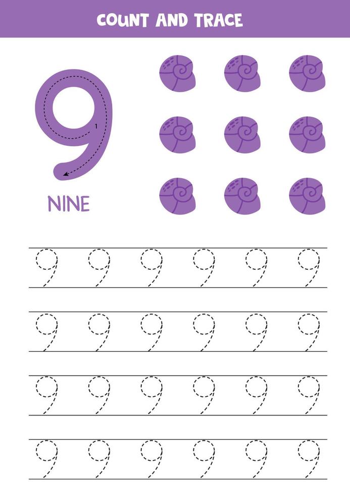 Trace numbers. Number 9 nine. Cute seashell. vector