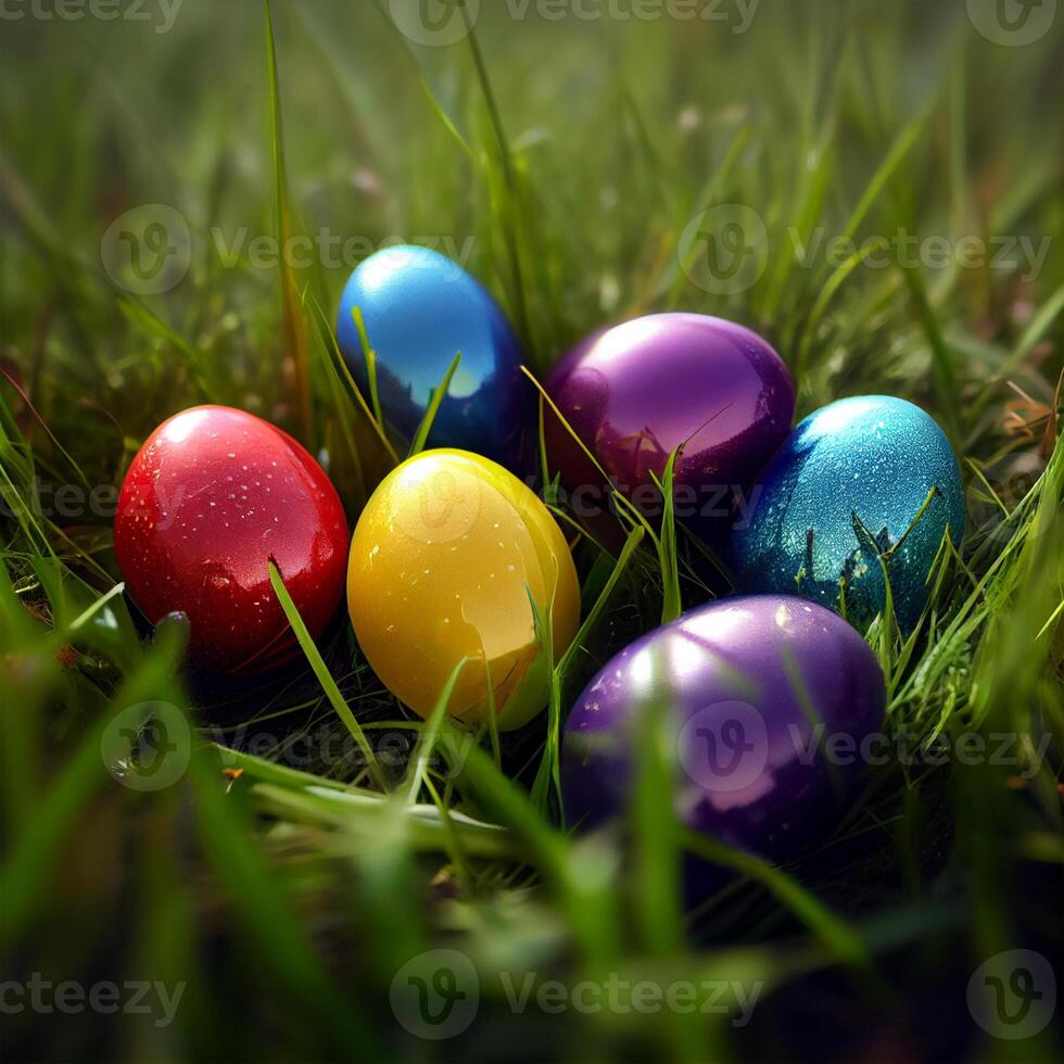 Colorful Easter eggs lying in dense green grass - image photo