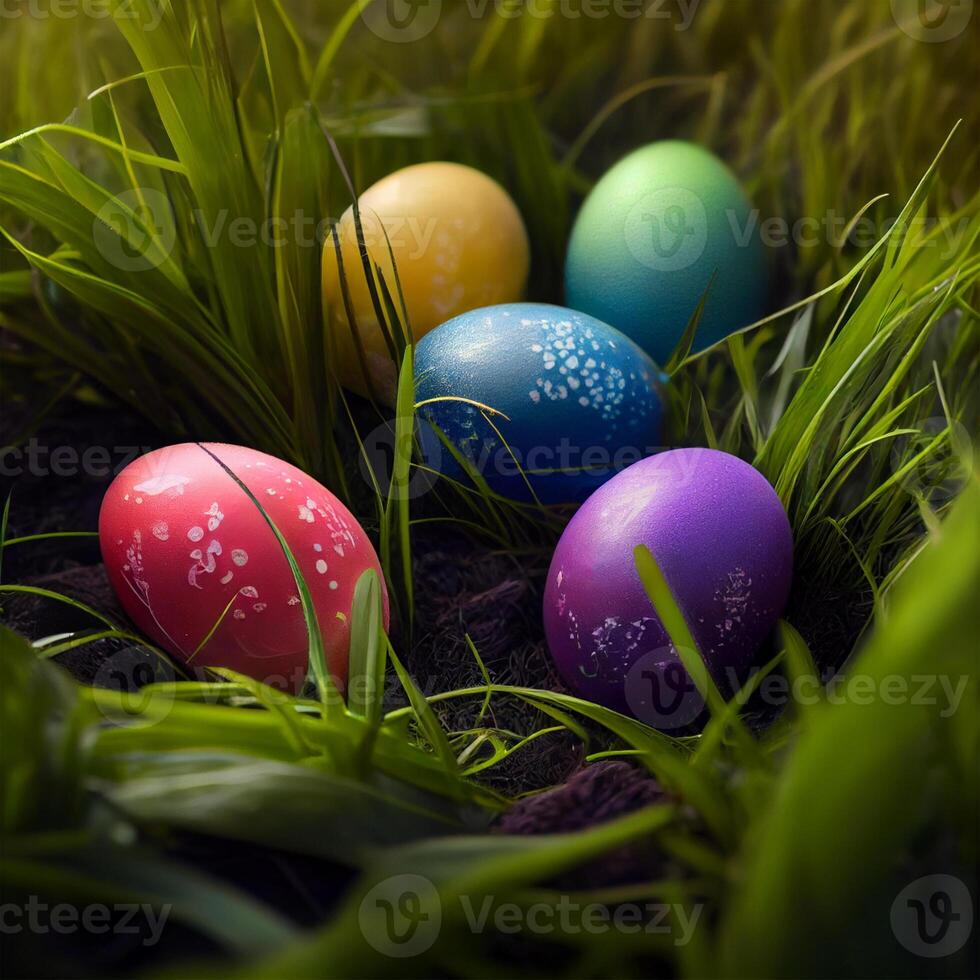 Colorful Easter eggs lying in dense green grass - image photo