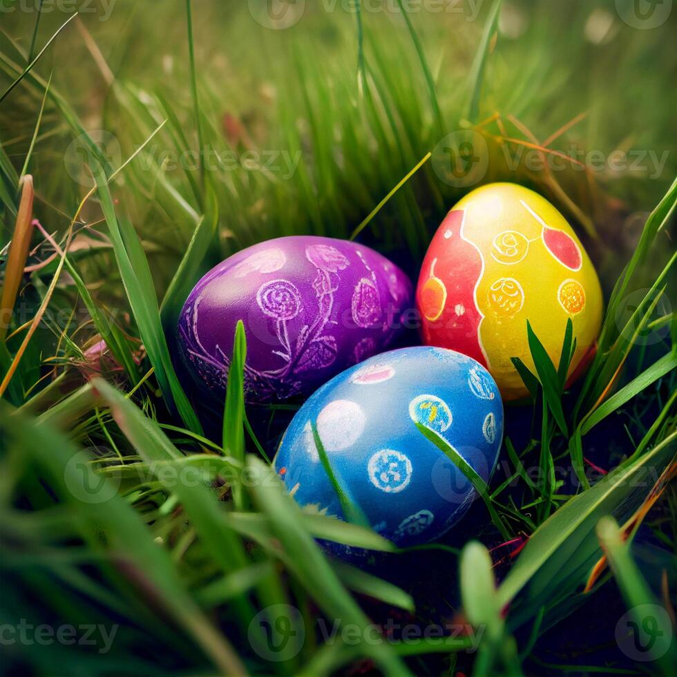 Colorful Easter eggs lying in dense green grass - image photo