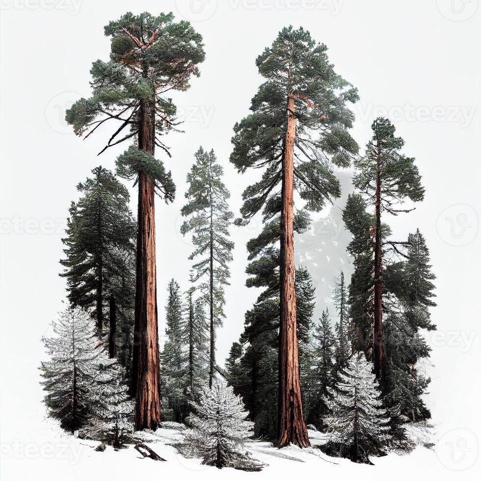 Lots of California redwoods in front of a white background - image photo