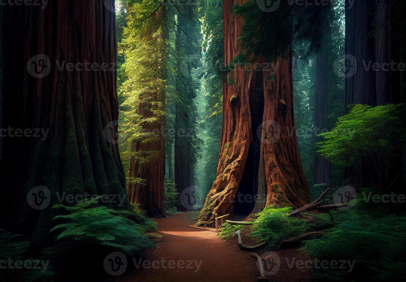Dense forest in California, many sequoias - image photo