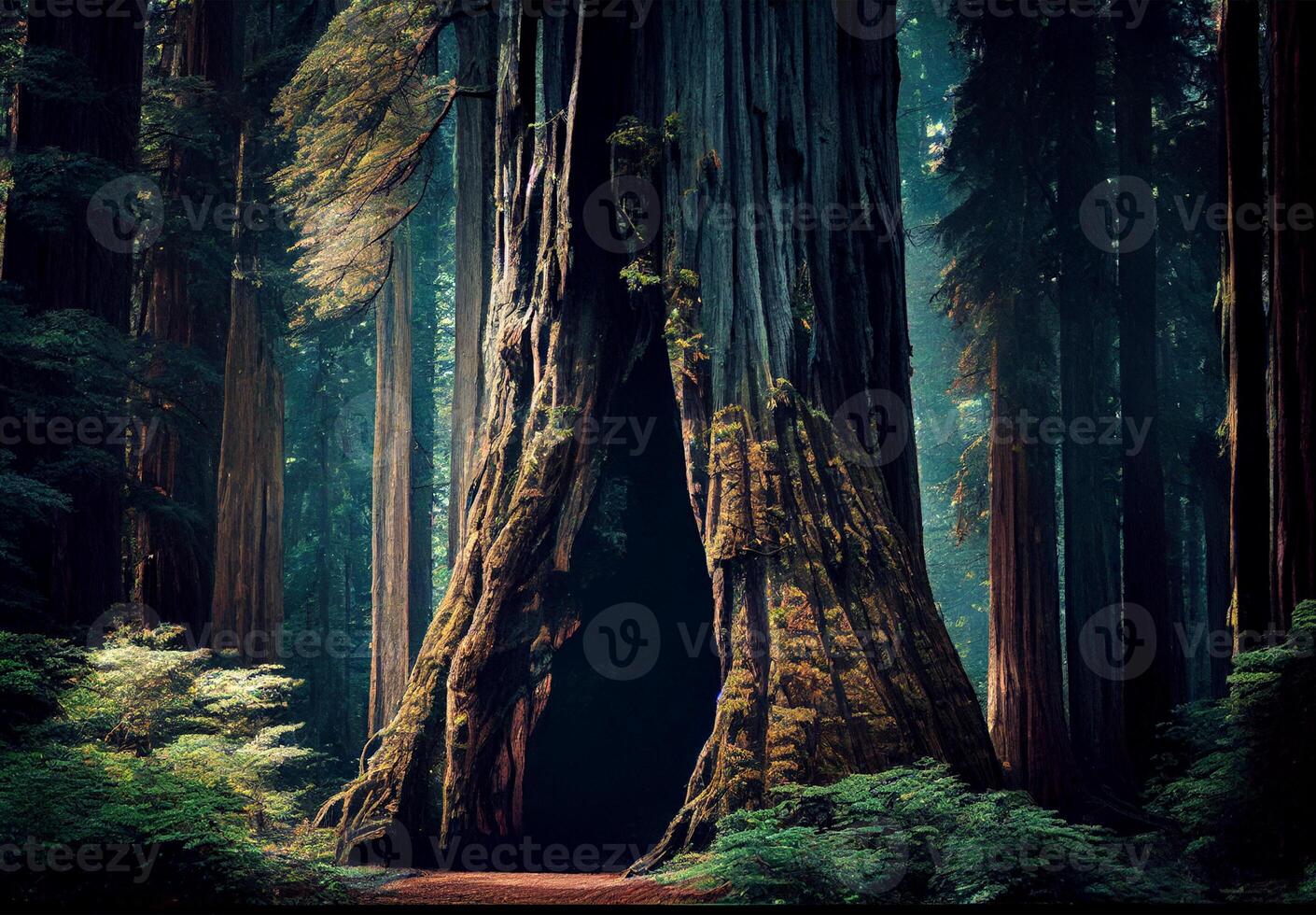 Dense forest in California, many sequoias - image photo