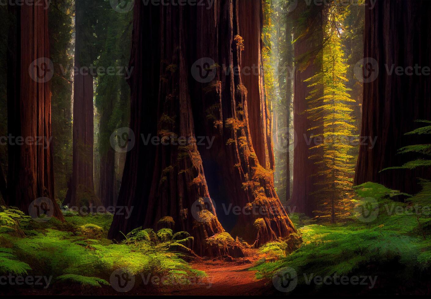 Dense forest in California, many sequoias - image photo