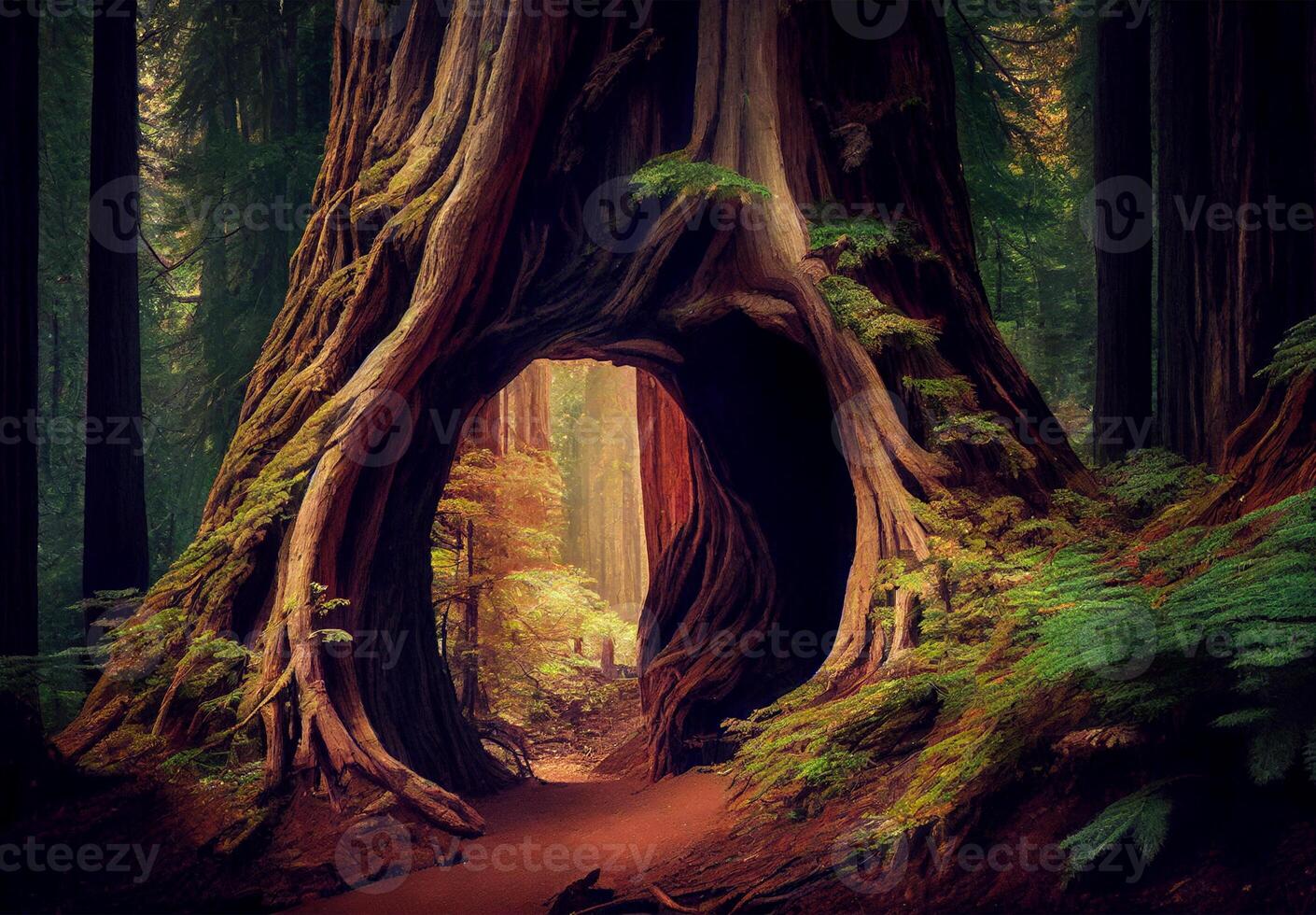 Dense forest in California, many sequoias - image photo