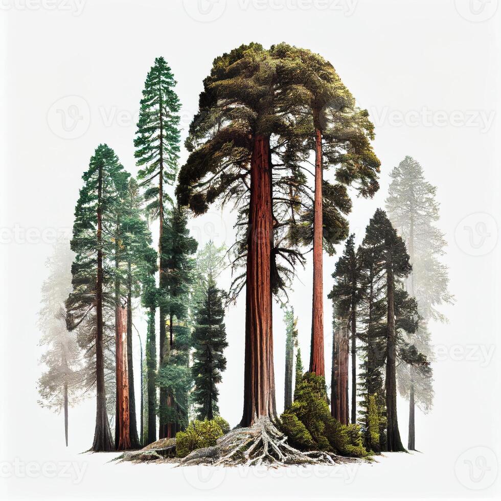 Lots of California redwoods in front of a white background - image photo