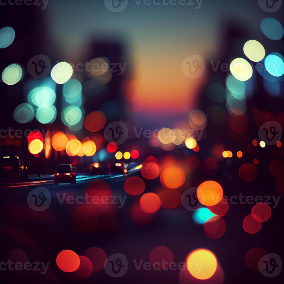 ciudad noche paisaje Bokeh, borroso ilustración, urbano paisaje a oscuridad hora - ai generado imagen foto