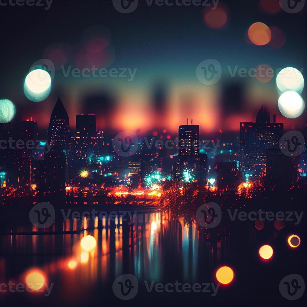 ciudad noche paisaje Bokeh, borroso ilustración, urbano paisaje a oscuridad hora - ai generado imagen foto