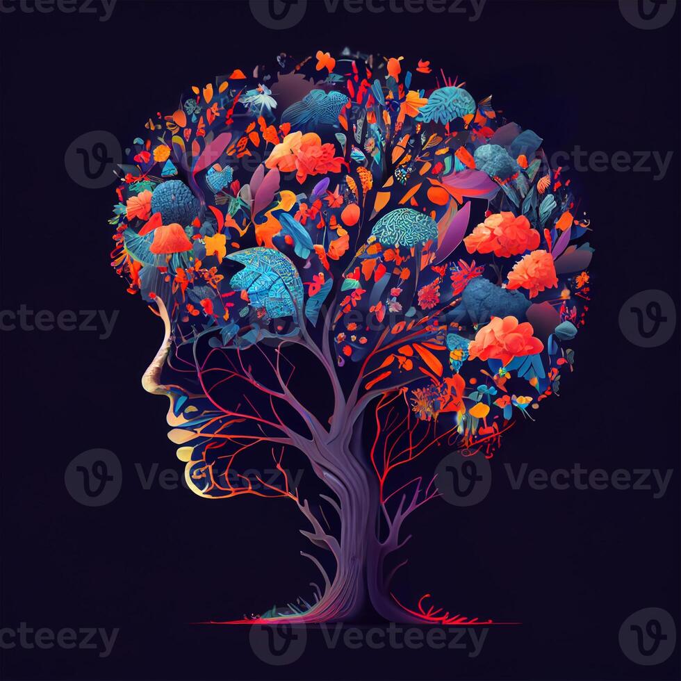 Human brain tree with flowers and butterflies, concept of self care, mind, ideas, creativity - image photo