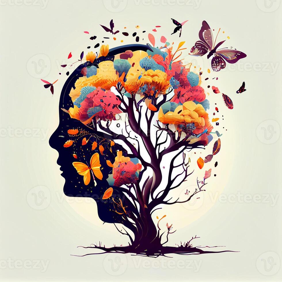 Human brain tree with flowers and butterflies, concept of self care, mind, ideas, creativity - image photo