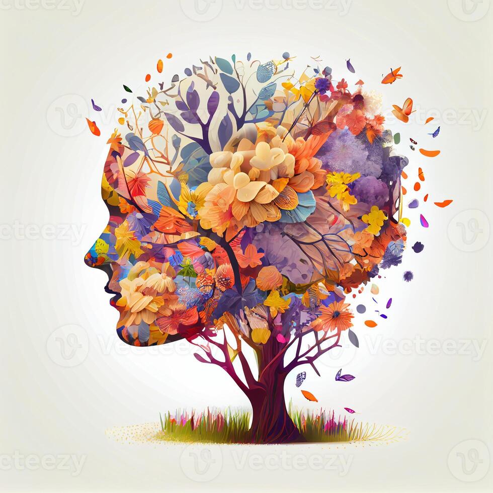 Human brain tree with flowers and butterflies, concept of self care, mind, ideas, creativity - image photo