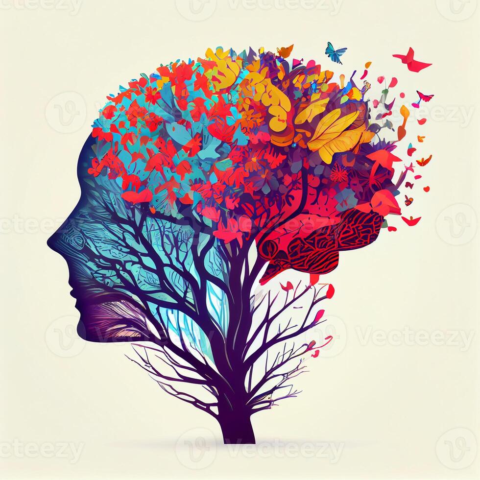 Human brain tree with flowers and butterflies, concept of self care, mind, ideas, creativity - image photo