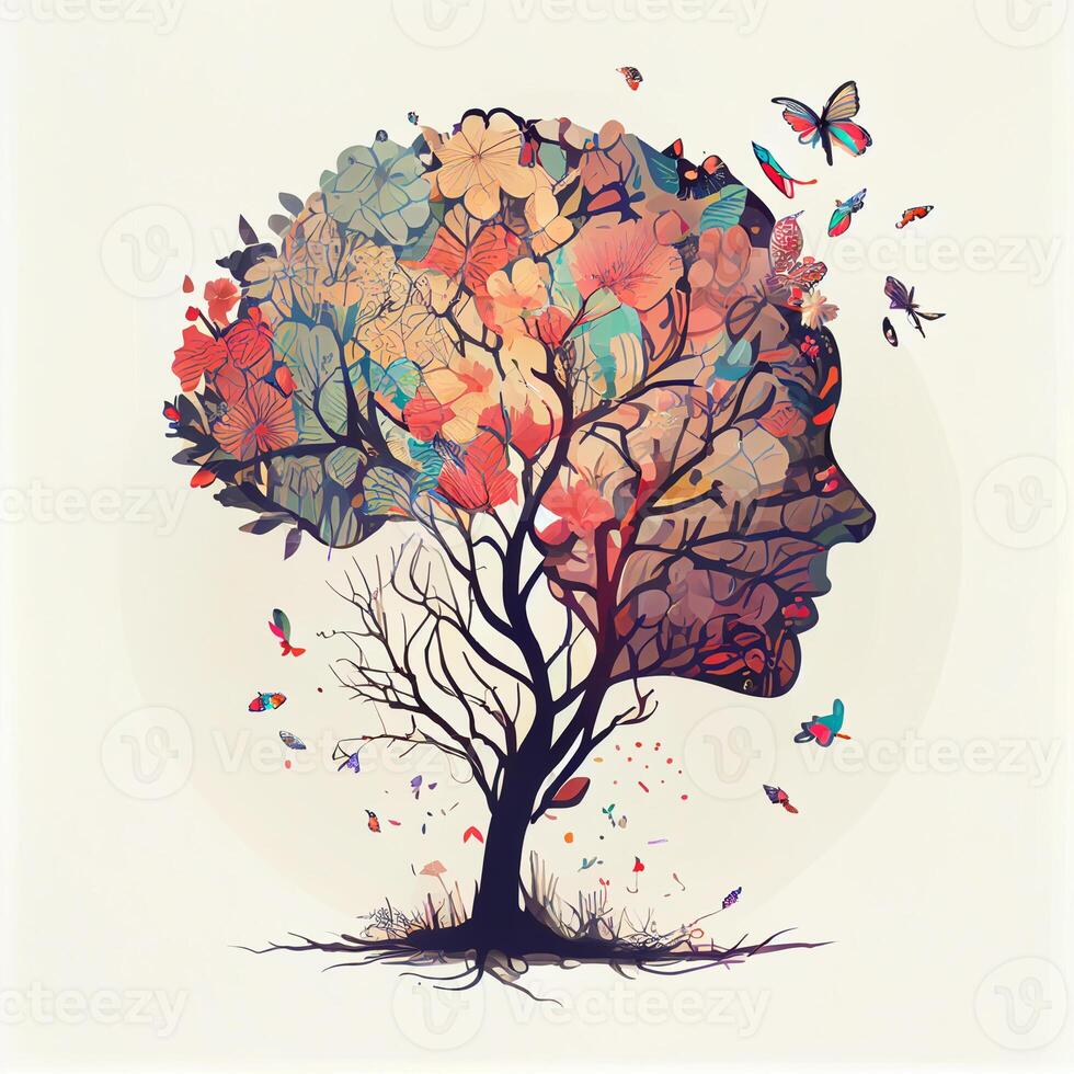 Human brain tree with flowers and butterflies, concept of self care, mind, ideas, creativity - image photo