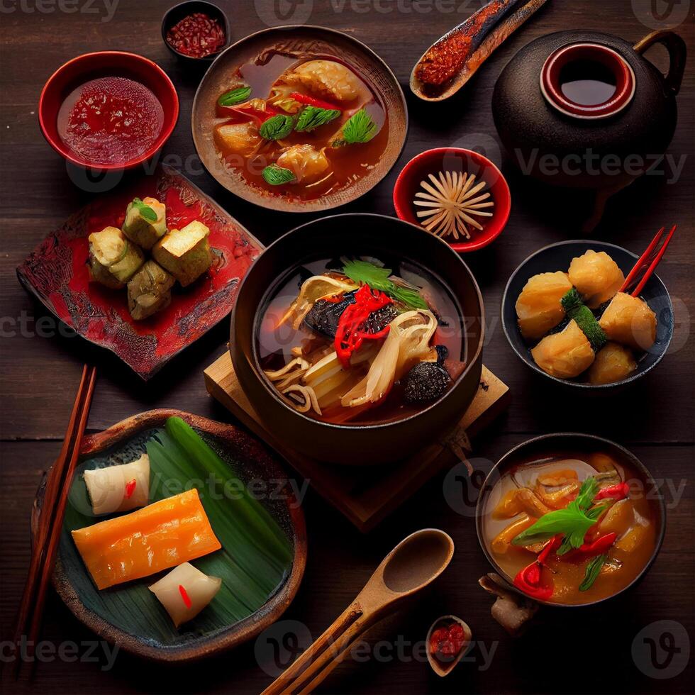 Beautiful varied Asian food on a dark background - image photo