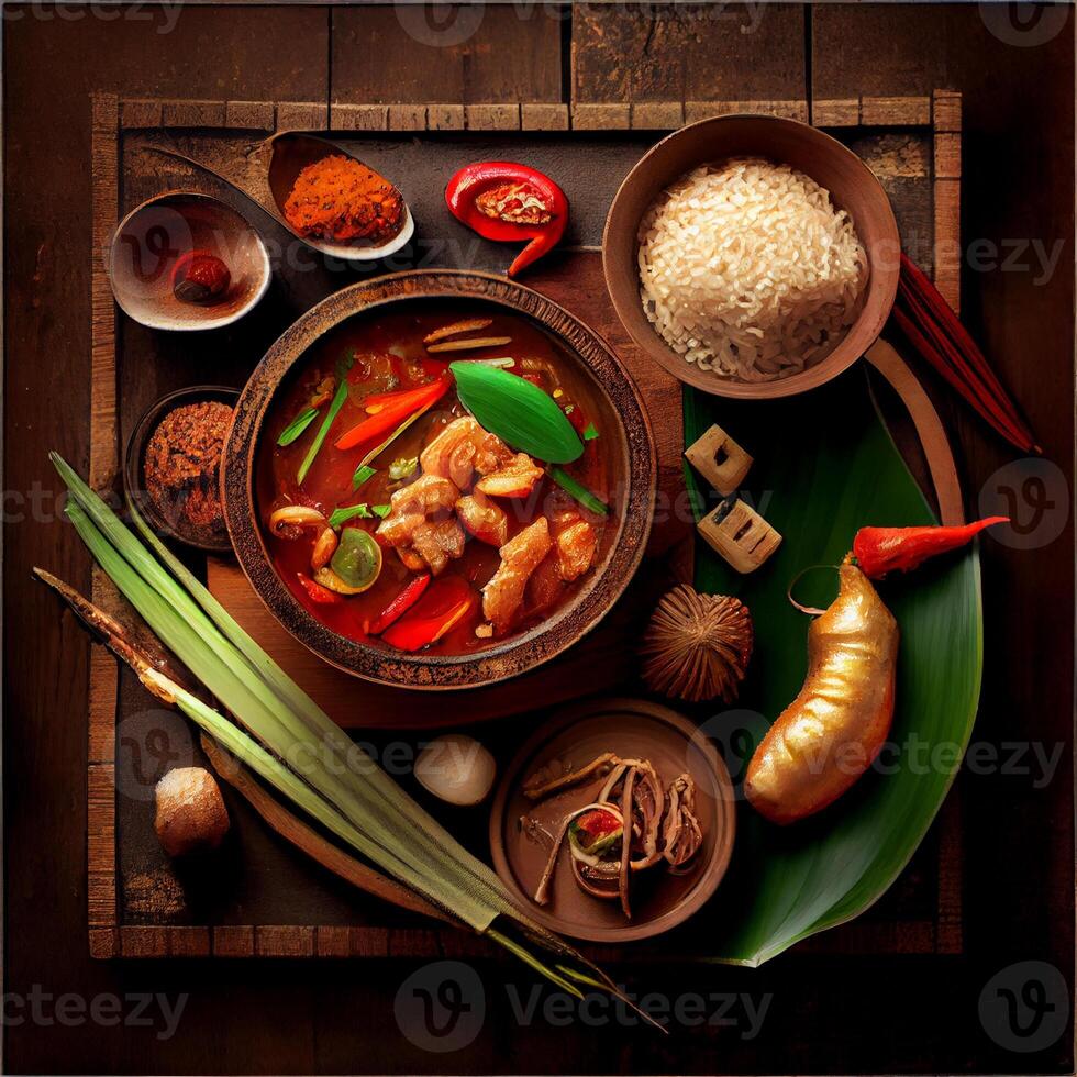 Beautiful varied Asian food on a dark background - image photo