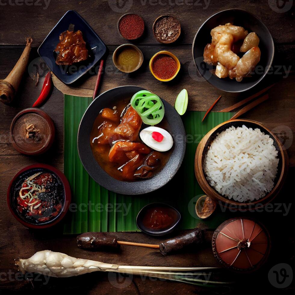 hermosa variado asiático comida en un oscuro antecedentes - ai generado imagen foto