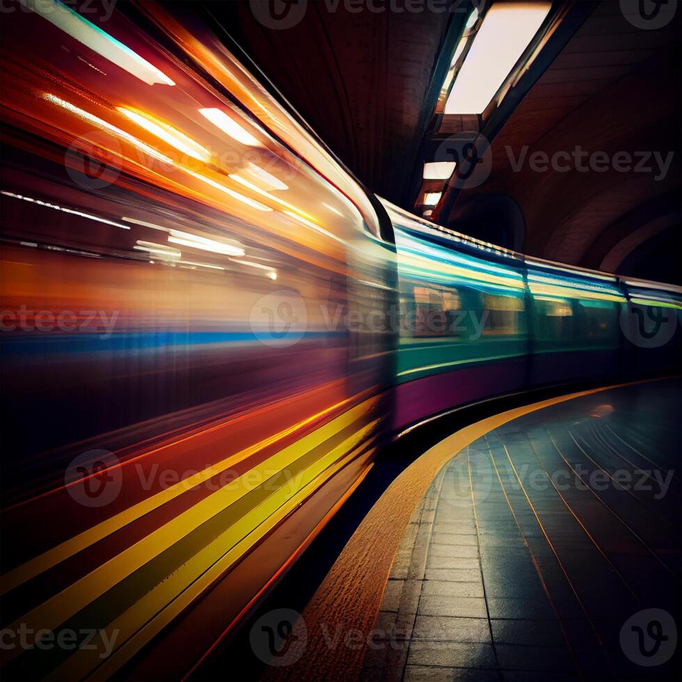 Subway station, speeding fast train, people rushing to the electric train, blurred background - image photo