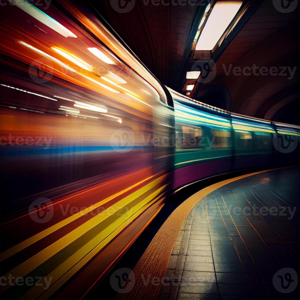 subterraneo estación, exceso de velocidad rápido tren, personas corriendo a el eléctrico tren, borroso antecedentes - ai generado imagen foto