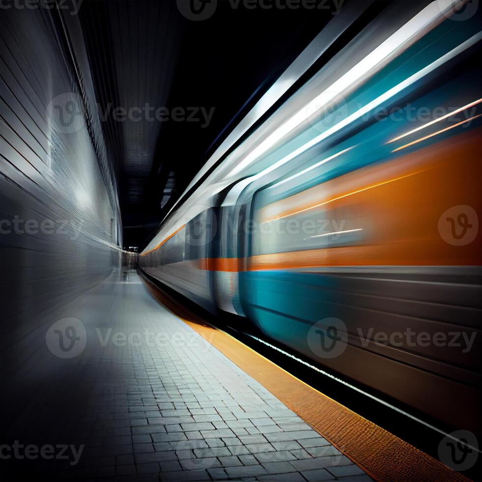 Subway station, speeding fast train, people rushing to the electric train, blurred background - image photo