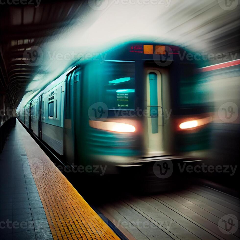 subterraneo estación, exceso de velocidad rápido tren, personas corriendo a el eléctrico tren, borroso antecedentes - ai generado imagen foto