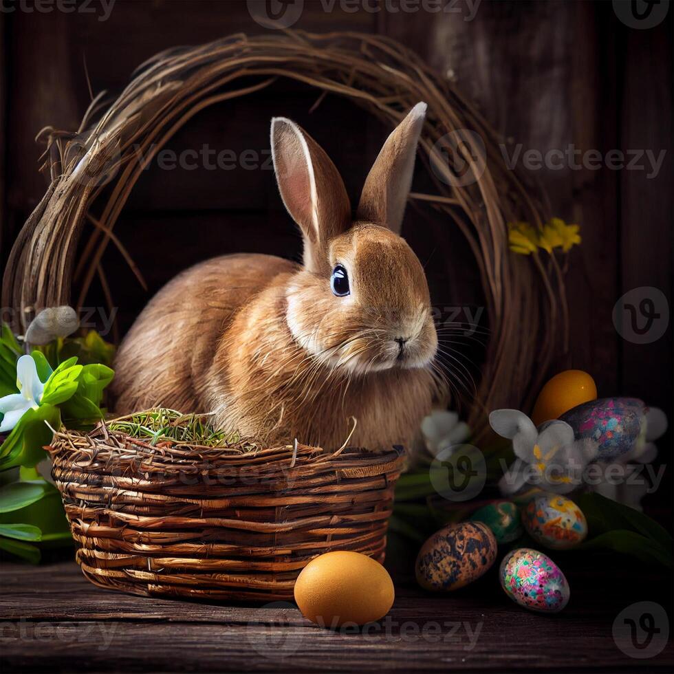 Fluffy Easter bunny with a basket of festive Easter eggs - image photo