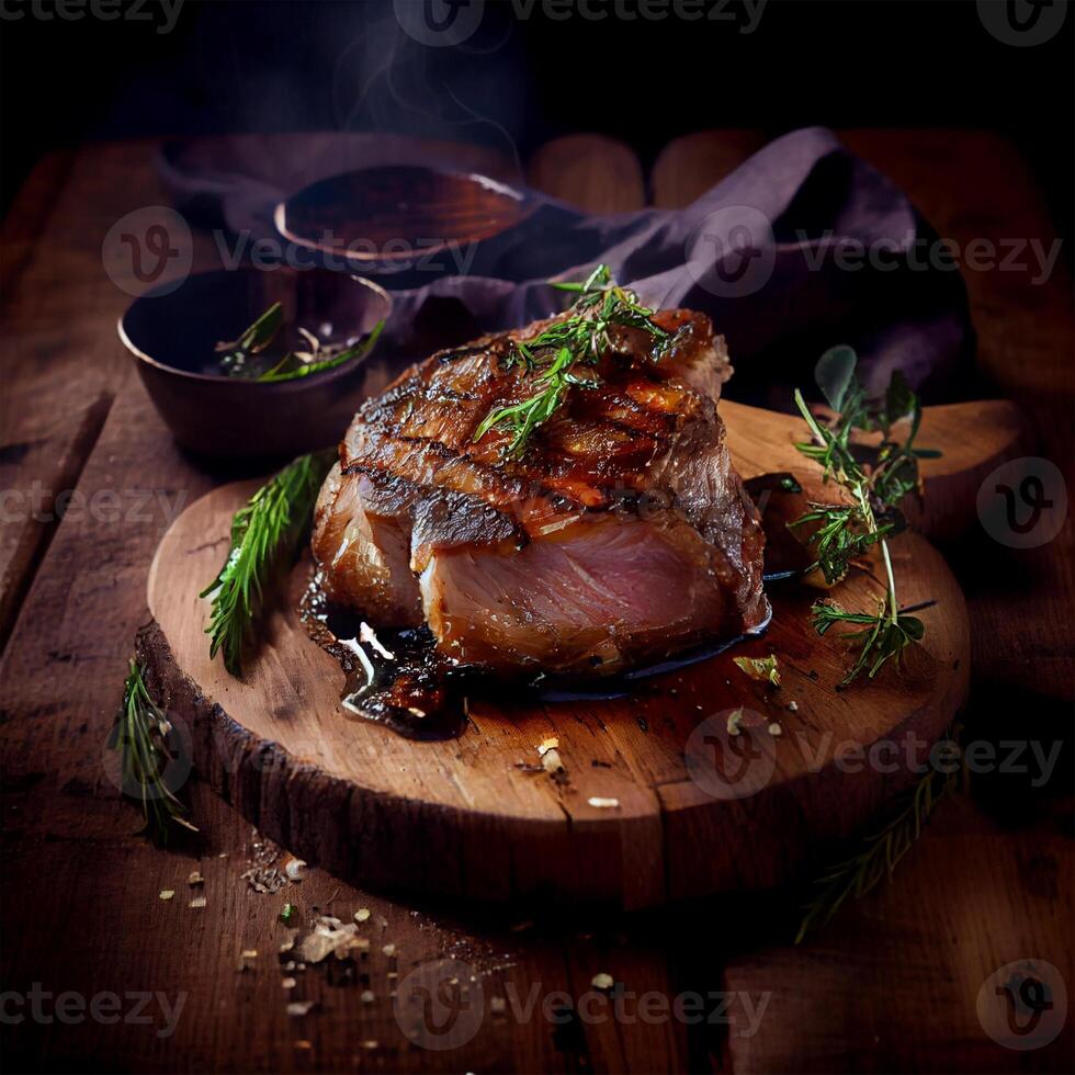 A piece of fresh beef cooked on the grill - image photo