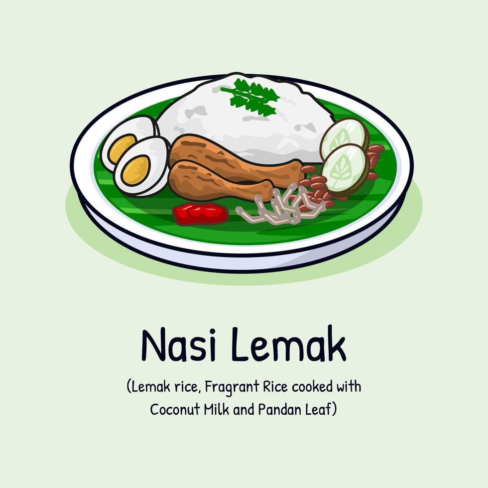 Nasi lemak or coconut milk rice with sambal fried crispy anchovies toasted peanuts and cucumber traditional malaysia food good taste vector