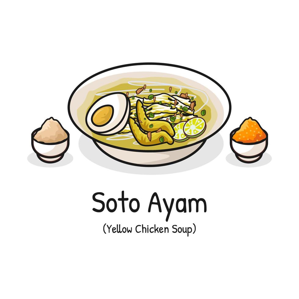 Soto ayam yellow chicken broth Indonesian trditionnal food for breakfast and lunch vector
