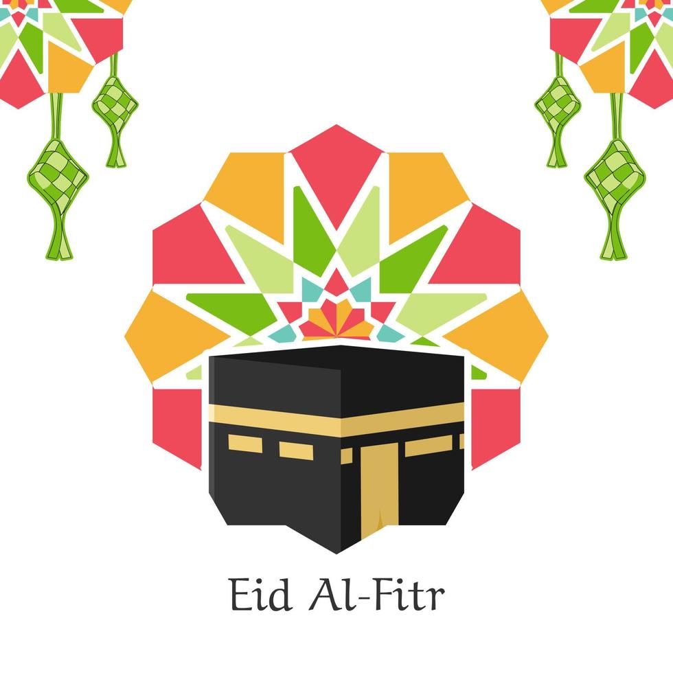 eid al fitr islamic greeting with kaaba vector illustration design