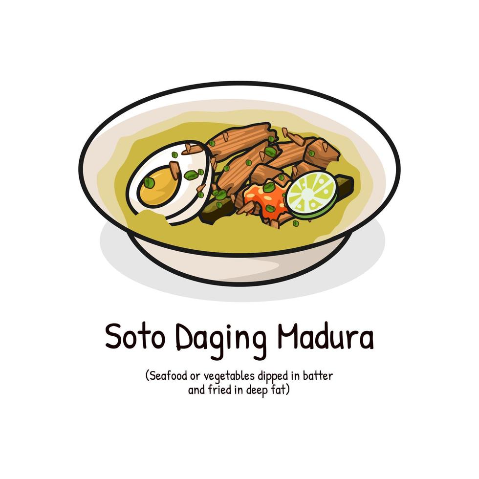 Soto daging sapi or yellow beef soup made of beef broth with chunks of meat Madura food Indonesia vector