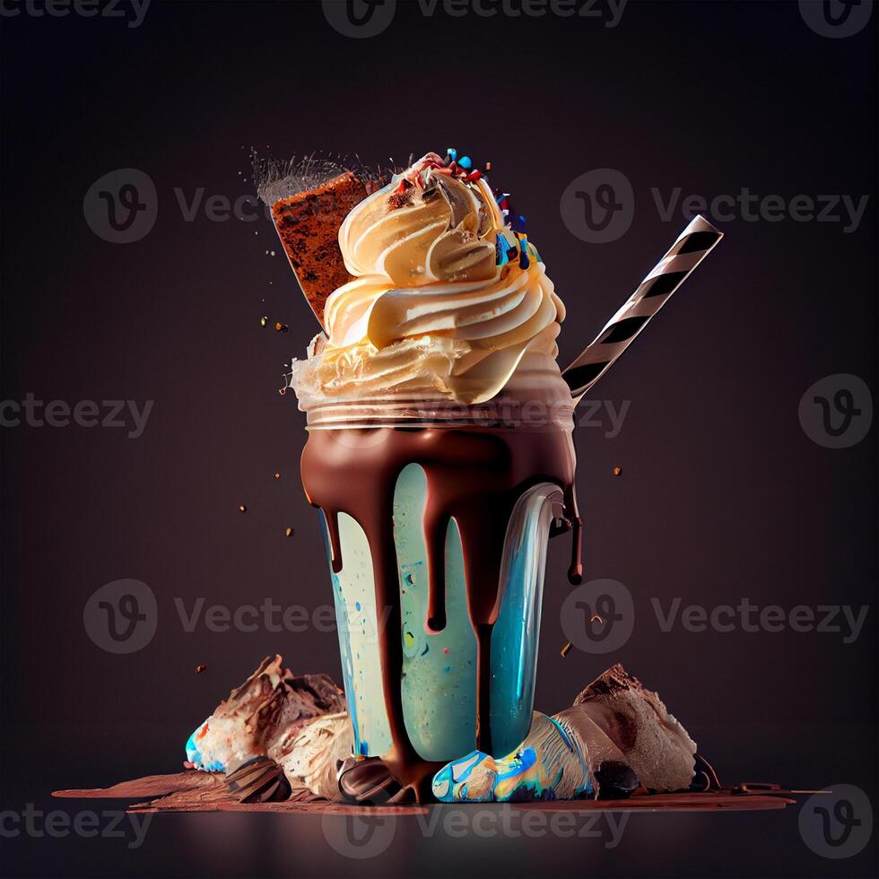 Stylish beautiful fruity milkshake, chocolate drop splashes - image photo