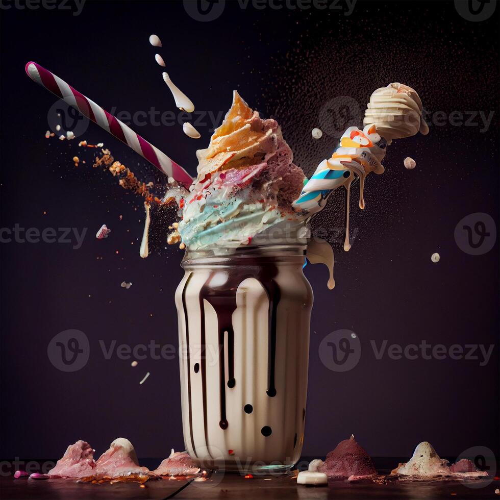 Stylish beautiful fruity milkshake, chocolate drop splashes - image photo