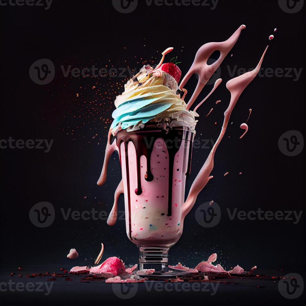 Stylish beautiful fruity milkshake, chocolate drop splashes - image photo