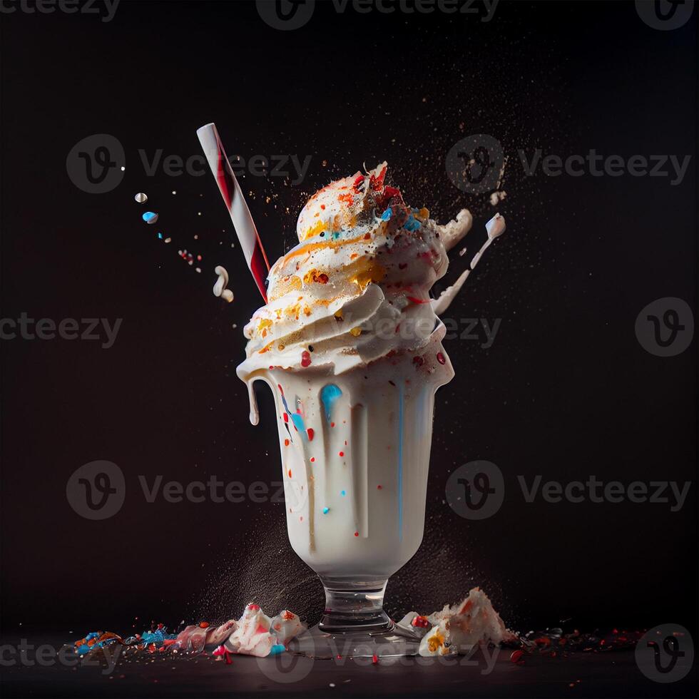 Stylish beautiful fruity milkshake, chocolate drop splashes - image photo