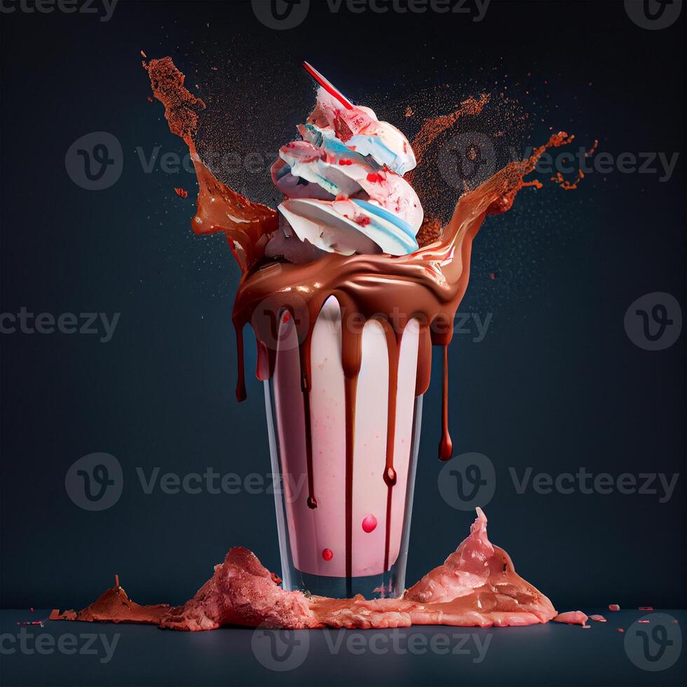 Stylish beautiful fruity milkshake, chocolate drop splashes - image photo