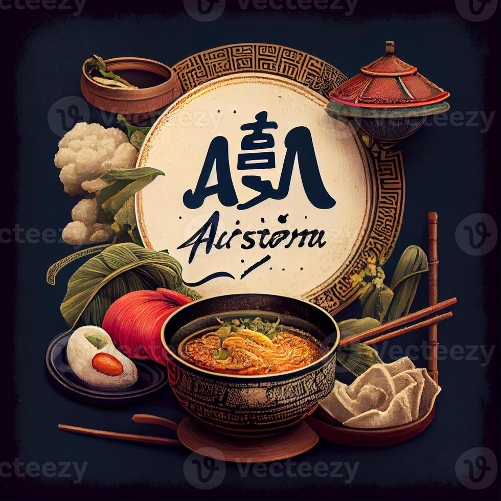 Beautiful variety of Asian food, advertising template with space for advertising text - image photo