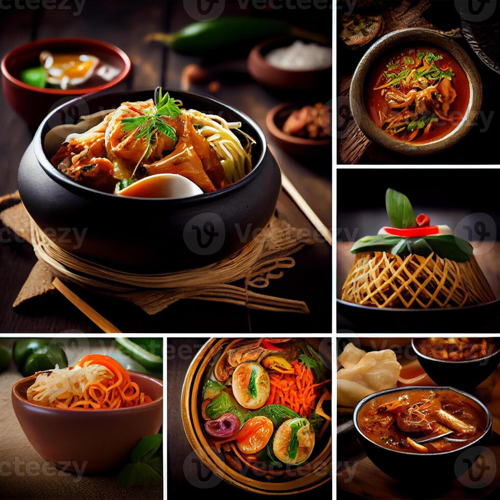 Beautiful varied Asian food on a dark background - image photo