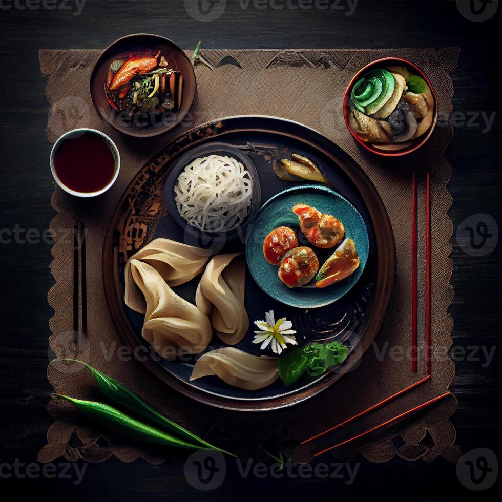 hermosa variado asiático comida en un oscuro antecedentes - ai generado imagen foto